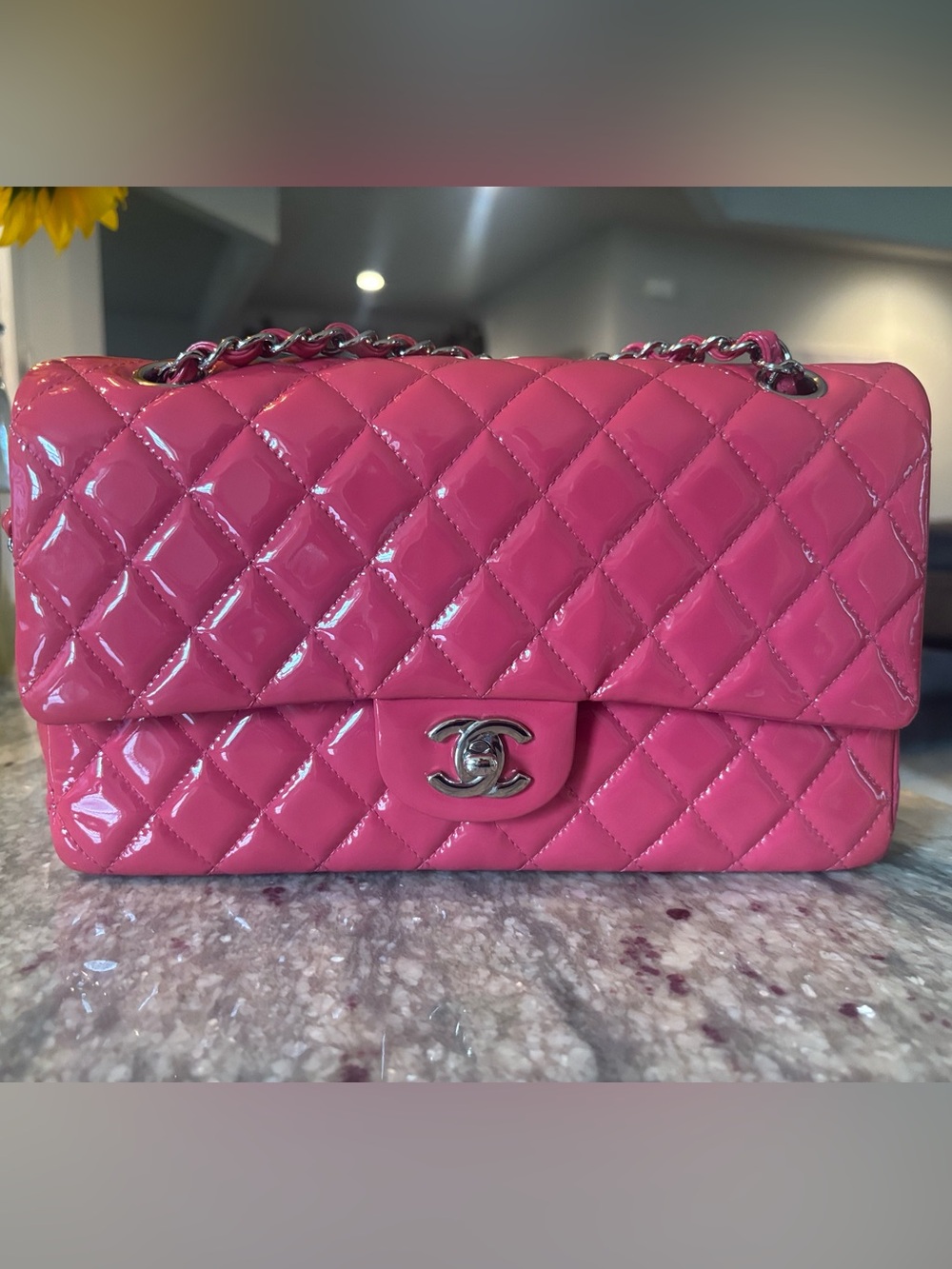 Chanel Medium Classic Double Flap Hot Pink Patent Leather Silver HW- 19 series